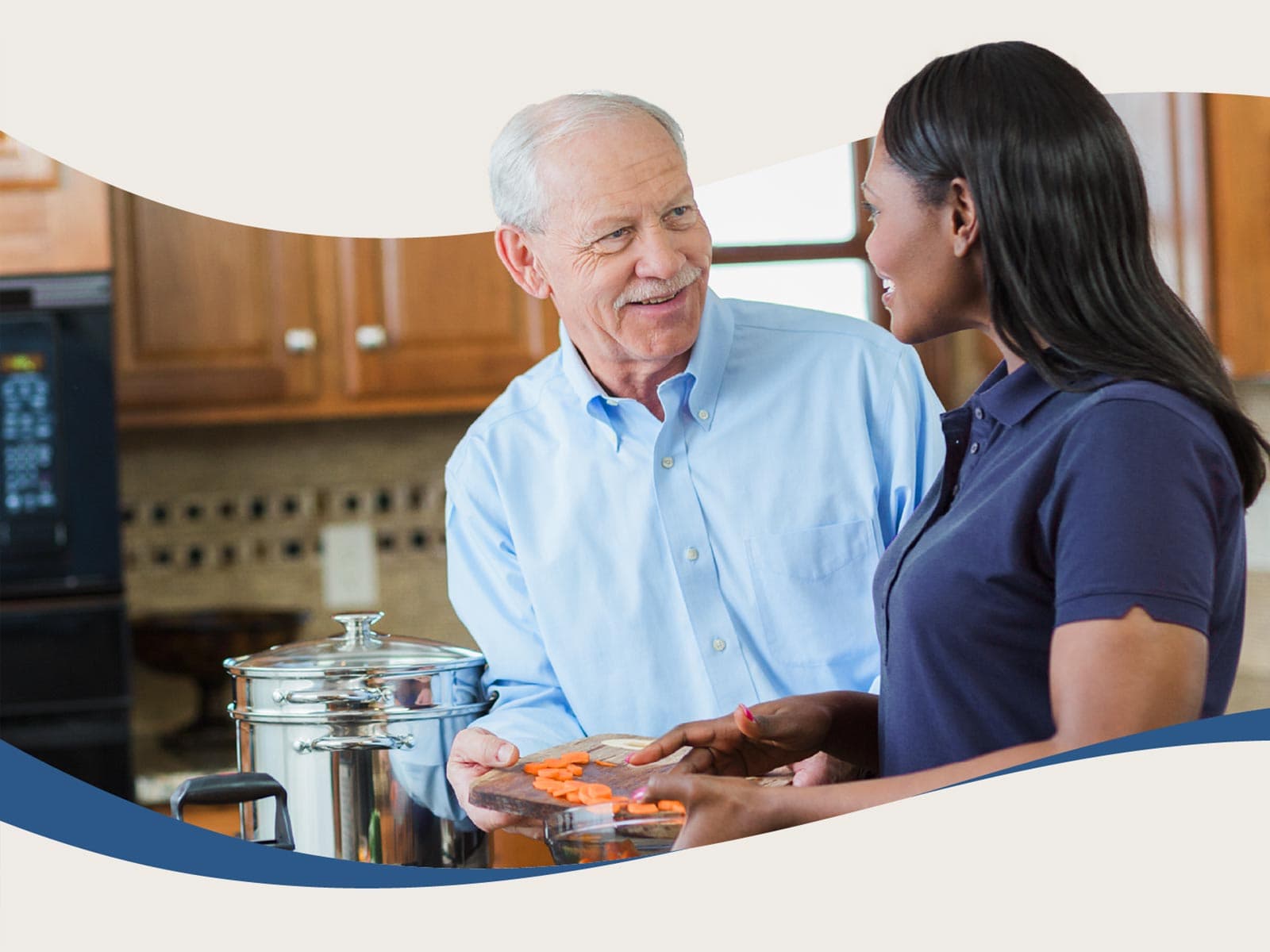 Aging man and Care Professional smile and prepare food together