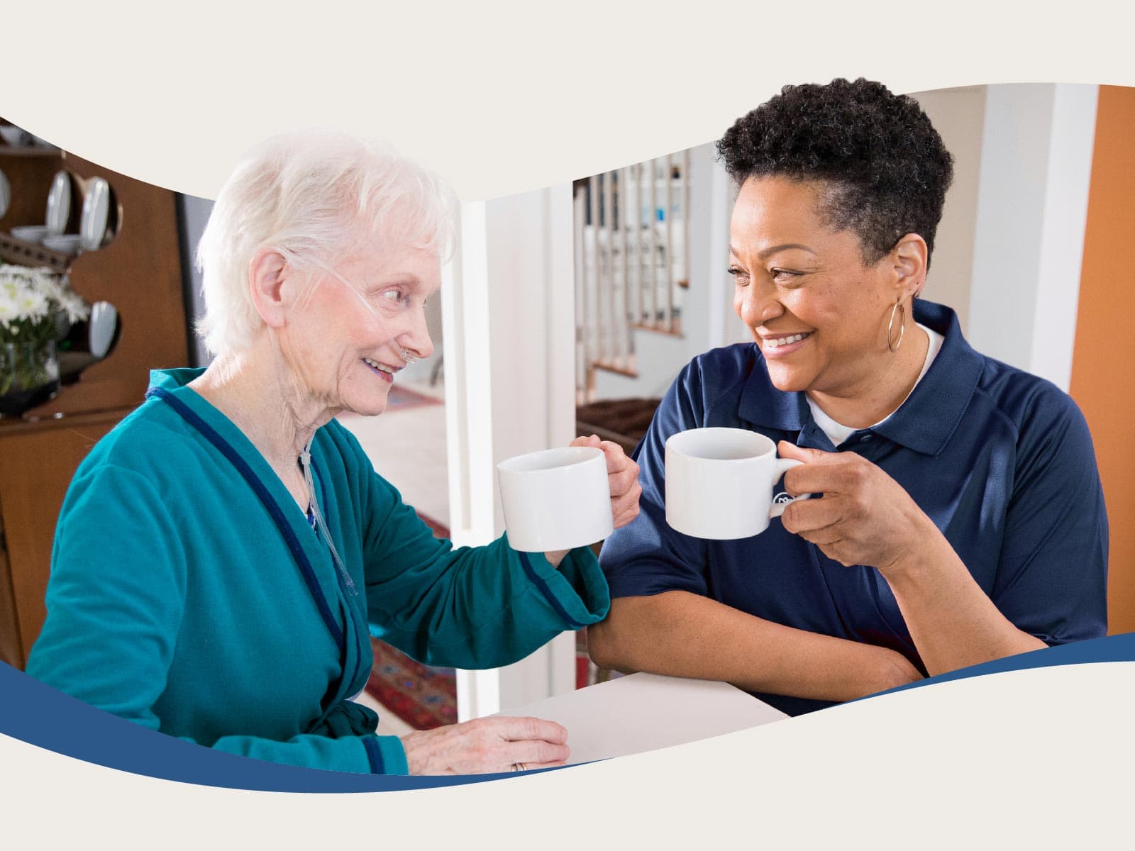 Aging woman and Care Professional enjoying coffee together